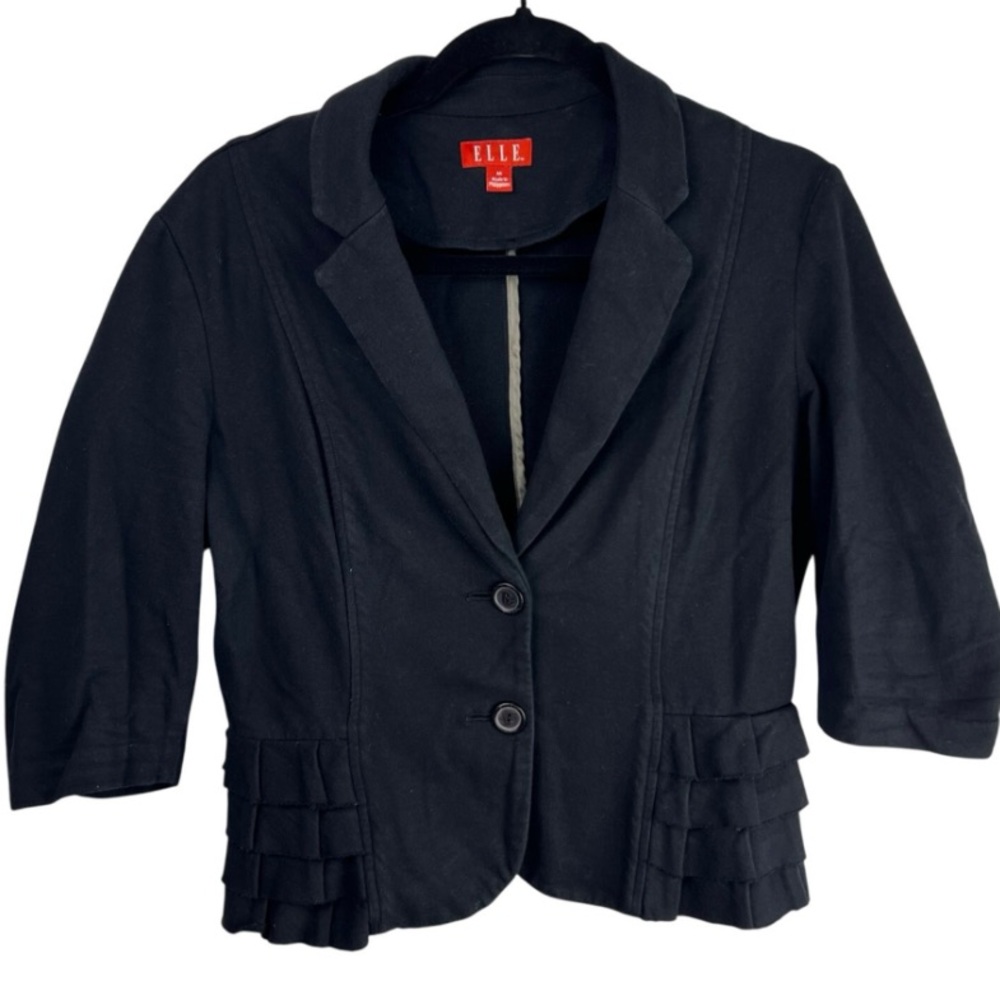 Elle Black Cotton Blazer Jacket M Ruffle Hem Cropped Career Retro Feminine